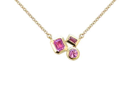 14K yellow Gold Pink Sapphire Multi-Shape Pendant Necklace Front View