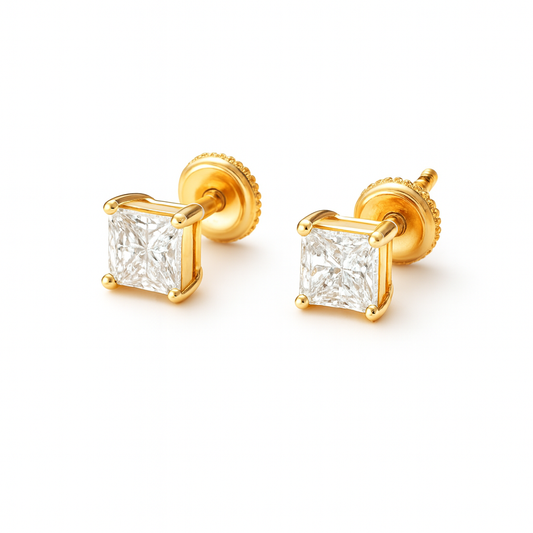 14K Yellow Gold Princess Cut Lab Diamond Stud Earrings by Solomon Jeweler