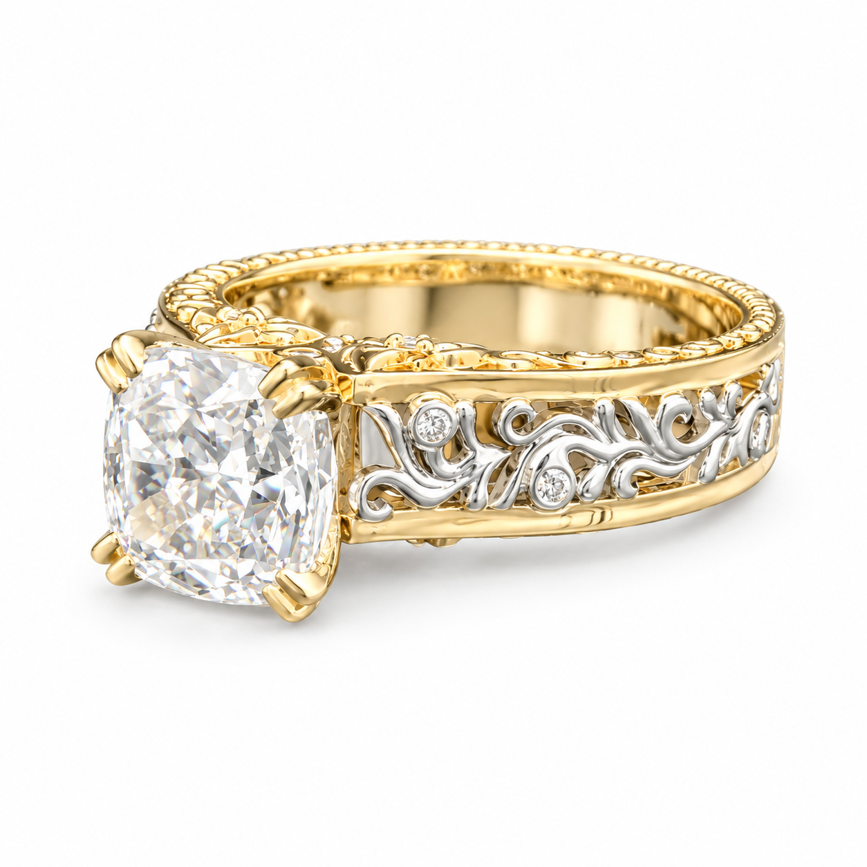 A yellow gold engagement ring featuring a large cushion-cut diamond solitaire and an ornate filigree band with small accent diamonds, shown on a clean white background.
