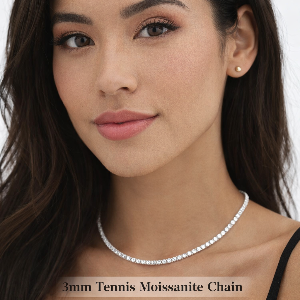 3mm Silver moissanite tennis chain with round brilliant stones