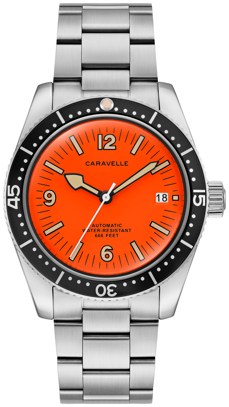 A Caravelle automatic dive watch with a vibrant orange dial, black rotating bezel, and a brushed stainless steel link bracelet.
