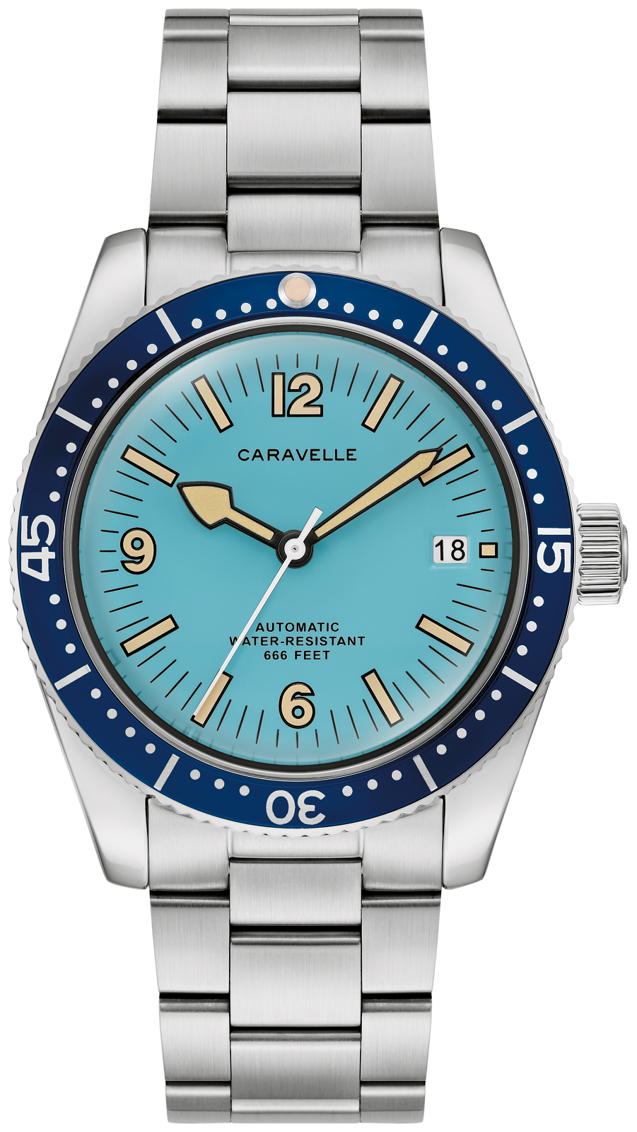 A Caravelle automatic dive watch with a stainless steel link bracelet, featuring a light blue dial, a dark blue bezel with white numerals, and gold-tone hands and indices.