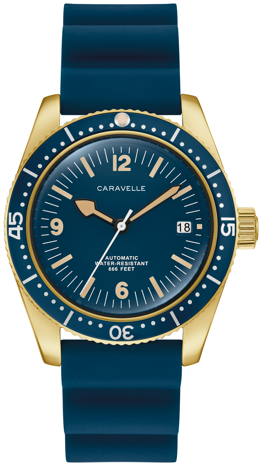 A Caravelle automatic dive watch with a gold-tone case, blue dial, and blue rubber strap, shown on a clean white background.