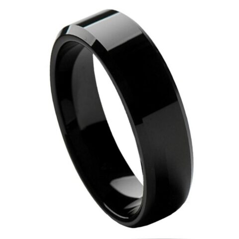 high-polish black tungsten wedding band with beveled edges and comfort-fit interior