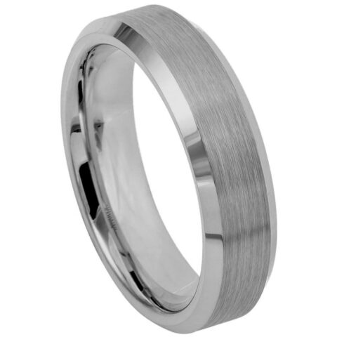 6mm gray gunmetal tungsten wedding band with brushed center and polished beveled edges