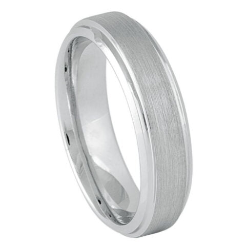 6mm brushed white tungsten wedding band with polished stepped edges and comfort-fit.