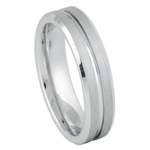 6mm brushed white tungsten wedding band with two polished grooves and beveled edges