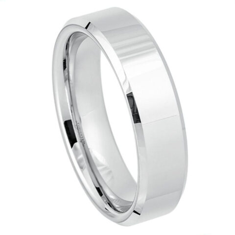 6mm high-polish white tungsten wedding band with beveled edges and comfort-fit interior.