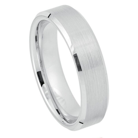 8mm white tungsten wedding band with brushed center and polished beveled edges