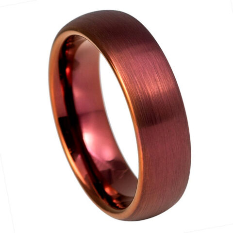 6mm wine-red tungsten wedding band with a brushed satin surface, polished beveled edges, and comfort-fit interior