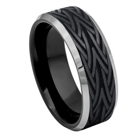8mm black IP tungsten wedding band with laser-engraved tattoo design and polished beveled edges.