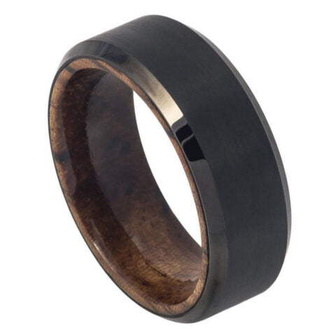 8mm brushed black IP tungsten wedding band with African Sapele mahogany wood interior