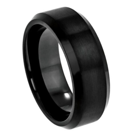 8mm brushed black tungsten wedding band with polished beveled edges and comfort-fit interior