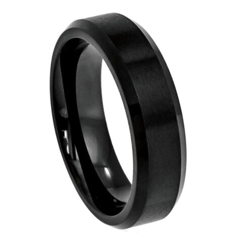 8mm brushed black tungsten wedding band with polished beveled edges and comfort-fit interior