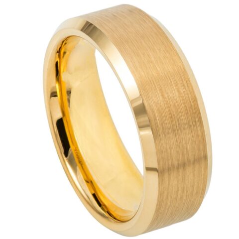 8mm brushed gold IP tungsten wedding band with polished beveled edges and comfort-fit interior
