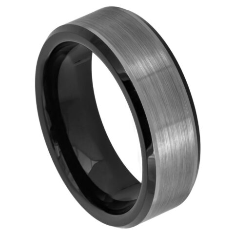 8mm brushed gunmetal tungsten wedding band with polished black beveled edges