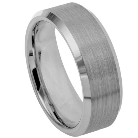 8mm gray gunmetal tungsten wedding band with brushed center and polished beveled edges