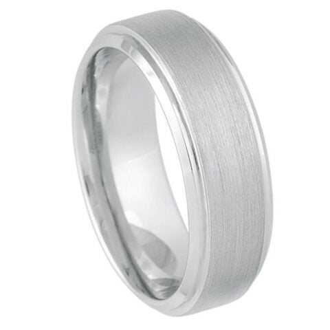 8mm brushed white tungsten wedding band with polished grooved edges and comfort-fit interior