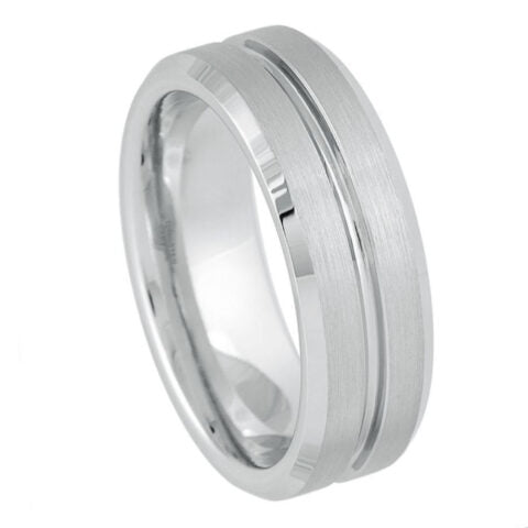 8mm brushed white tungsten wedding band with two polished grooves and beveled edges