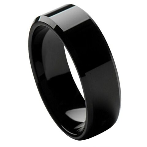 8mm high-polish black tungsten wedding band with beveled edges and comfort-fit interior