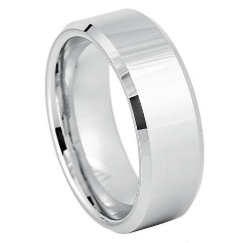 8mm high-polish white tungsten wedding band with beveled edges and comfort-fit interior.