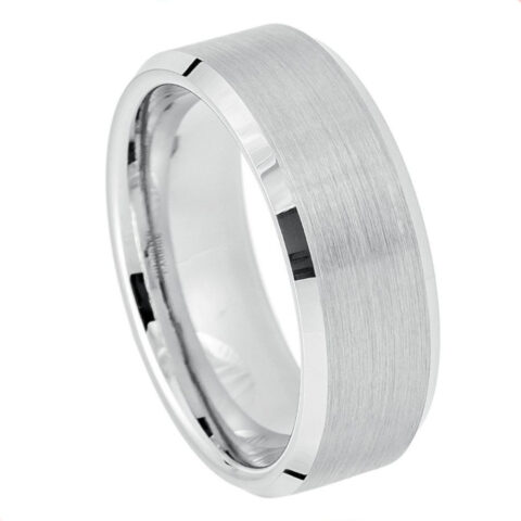 8mm white tungsten wedding band with brushed center and polished beveled edges