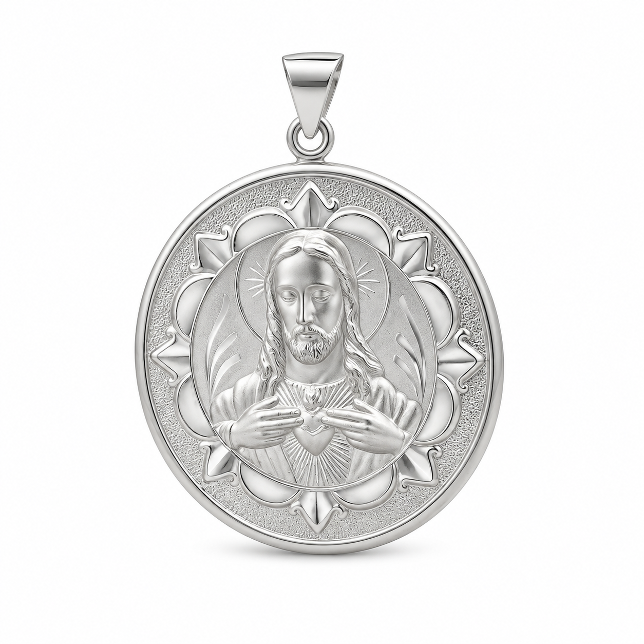 sterling silver double-sided Jesus and Virgin Mary medallion pendant showing Jesus with the Sacred Heart and a floral border