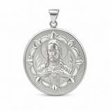 sterling silver double-sided Jesus and Virgin Mary medallion pendant showing Jesus with the Sacred Heart and a floral border