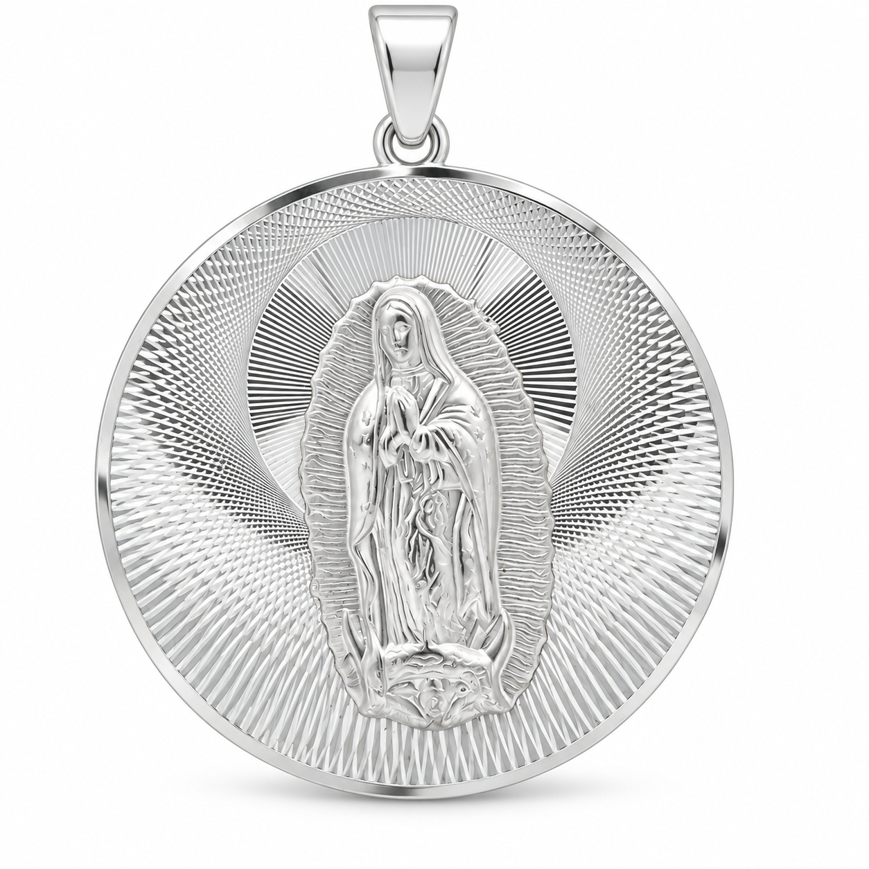 Round 925 sterling silver Virgin Mary medallion pendant with a raised Virgin Mary figure and diamond-cut sunburst design