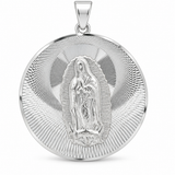 Round 925 sterling silver Virgin Mary medallion pendant with a raised Virgin Mary figure and diamond-cut sunburst design
