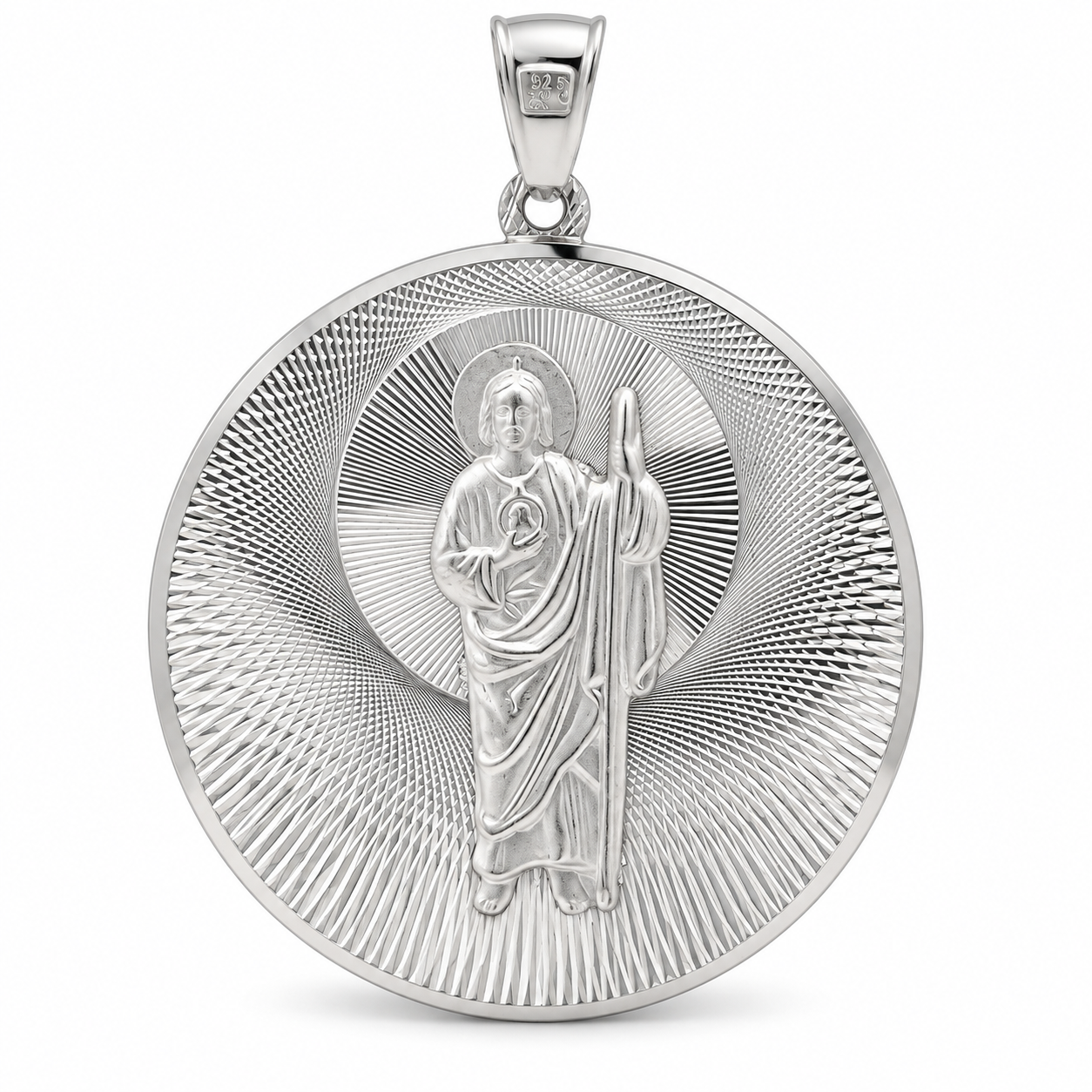 Round 925 sterling silver Saint Jude medallion pendant with a raised religious figure, staff, and diamond-cut sunburst design