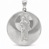 Round 925 sterling silver Saint Jude medallion pendant with a raised religious figure, staff, and diamond-cut sunburst design