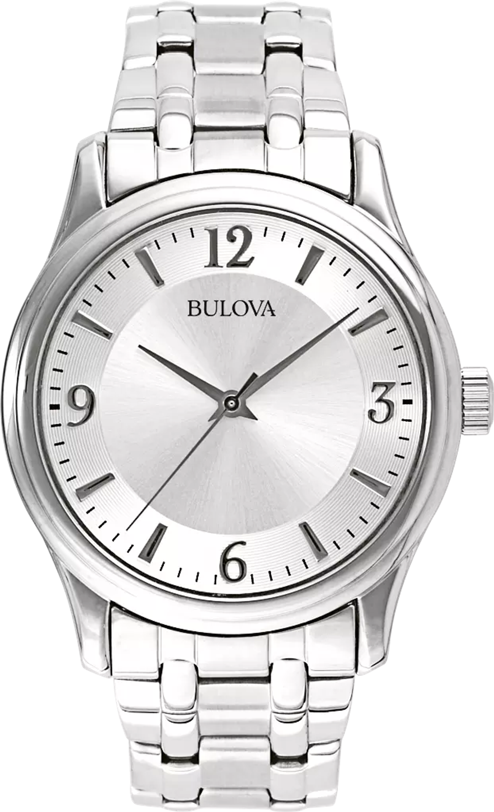 A silver stainless steel analog watch with a matching metal link bracelet, featuring a silver dial, black Arabic numerals, and the BULOVA brand name printed above the 12 o'clock mark.