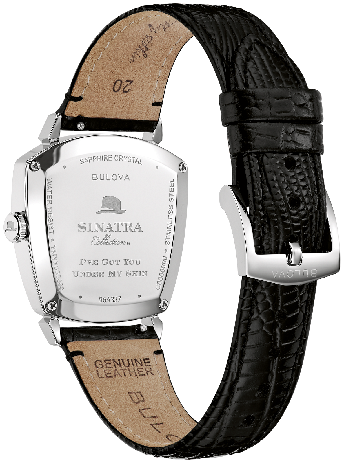 Bulova Sinatra Collection wristwatch shown from the back, featuring a polished silver-tone case, genuine leather strap, and a black textured leather strap on a white background.