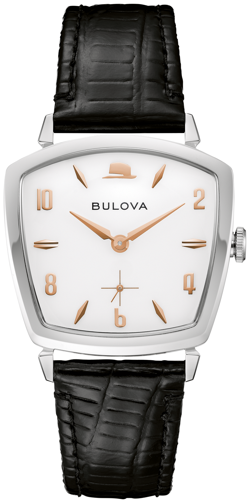 Bulova watch with a silver-toned rectangular case, white dial, rose gold-tone hands and markers, and a black textured leather strap.