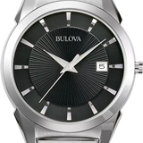 A Bulova stainless steel wristwatch with a black sunburst dial, silver-tone case, and integrated link bracelet, shown against a plain white background.