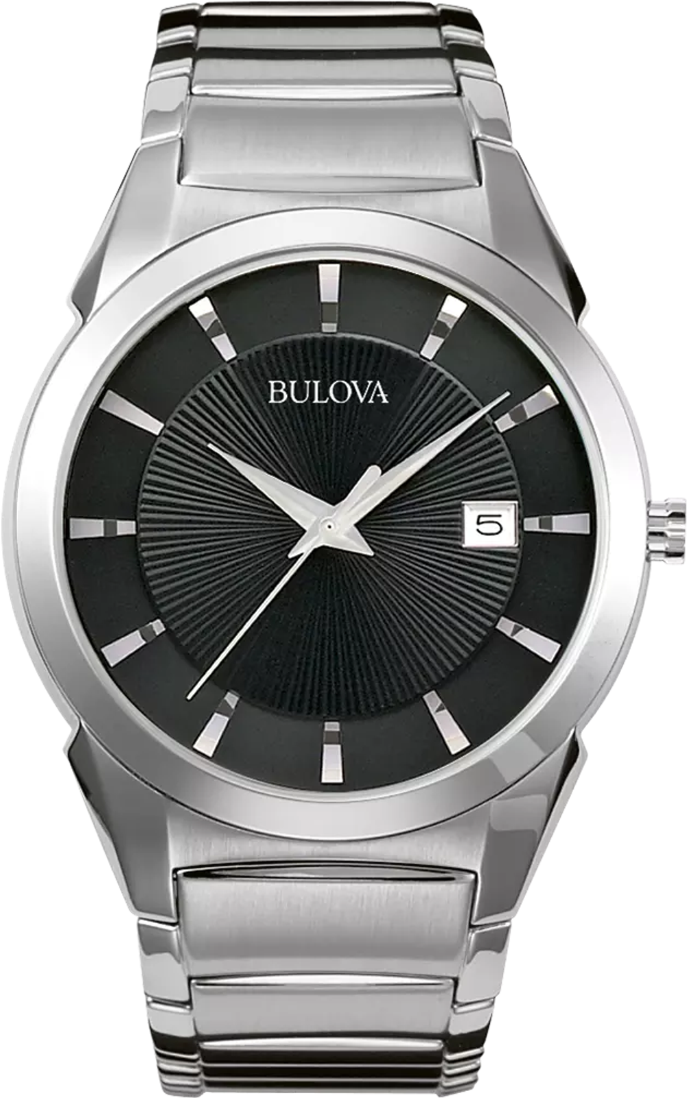 A Bulova stainless steel wristwatch with a black sunburst dial, silver-tone case, and integrated link bracelet, shown against a plain white background.