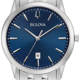 A Bulova watch with a silver stainless steel case and link bracelet, featuring a deep blue dial with silver-tone hands, hour markers, and a date window at the 6 o'clock position.