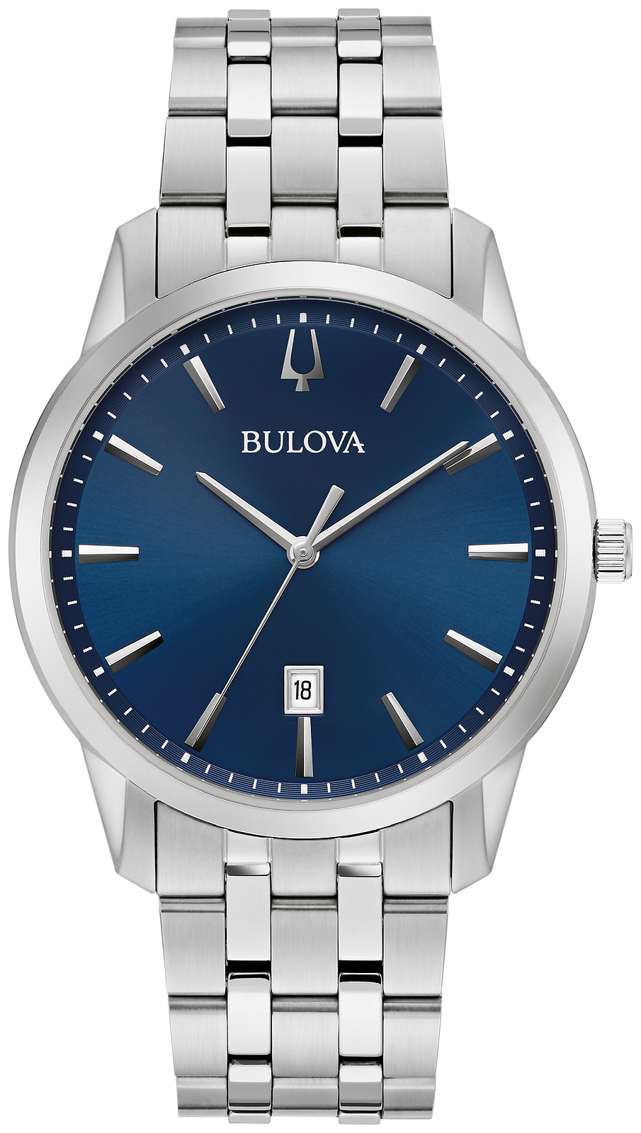 A Bulova watch with a silver stainless steel case and link bracelet, featuring a deep blue dial with silver-tone hands, hour markers, and a date window at the 6 o'clock position.