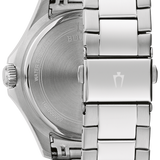 Silver stainless steel analog watch with a metal link bracelet, shown from the back to display the brushed case back and clasp.