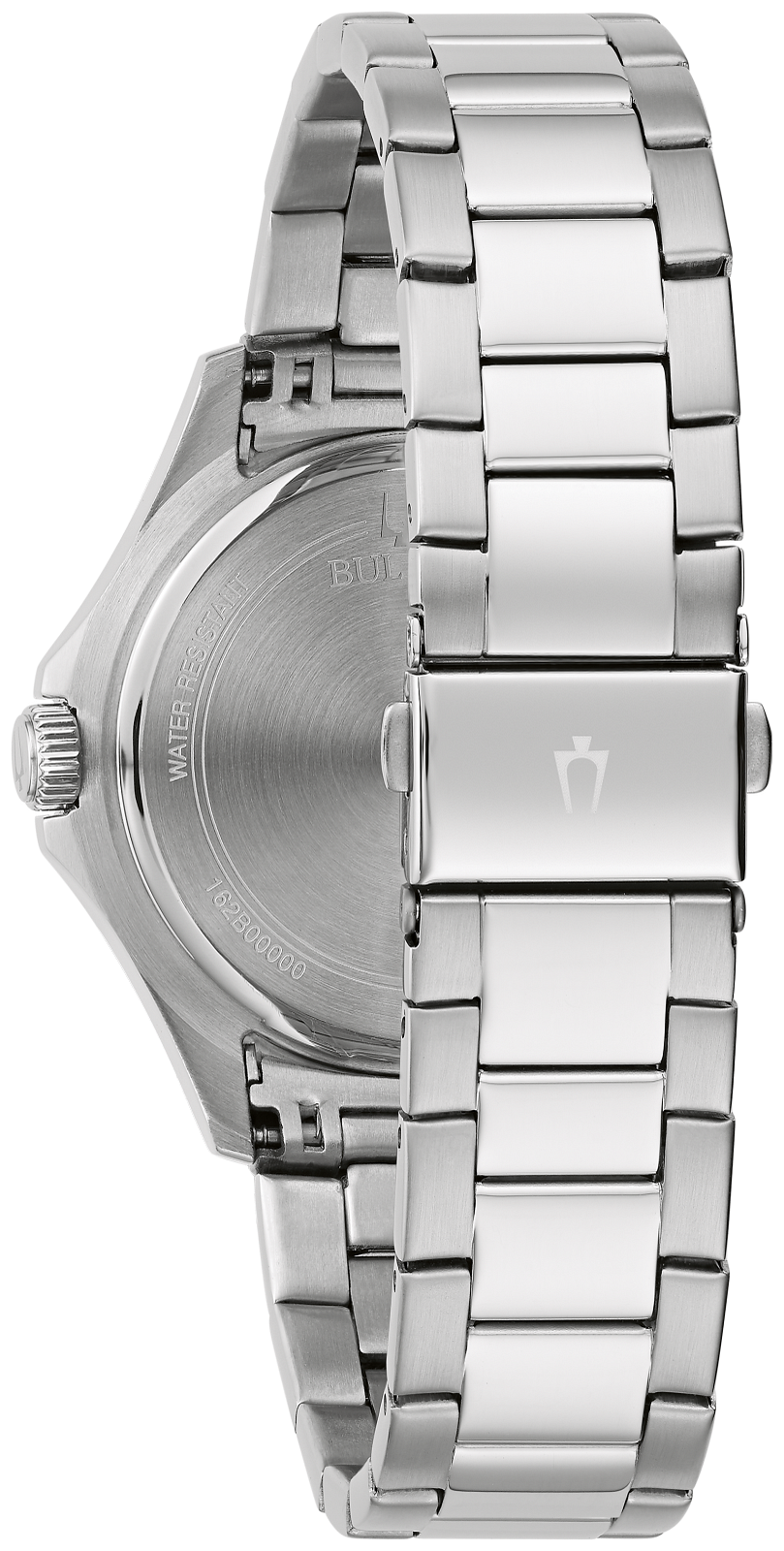 Silver stainless steel analog watch with a metal link bracelet, shown from the back to display the brushed case back and clasp.
