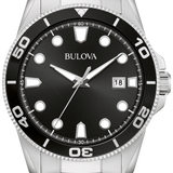A Bulova stainless steel wristwatch with a black dial, black rotating bezel, and silver-tone metal bracelet.