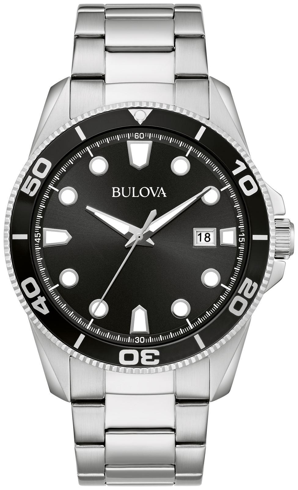 A Bulova stainless steel wristwatch with a black dial, black rotating bezel, and silver-tone metal bracelet.