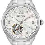 A Bulova women's watch featuring a silver stainless steel link bracelet, a round silver case, and a mother-of-pearl dial with a skeletonized lower half revealing the mechanical movement.
