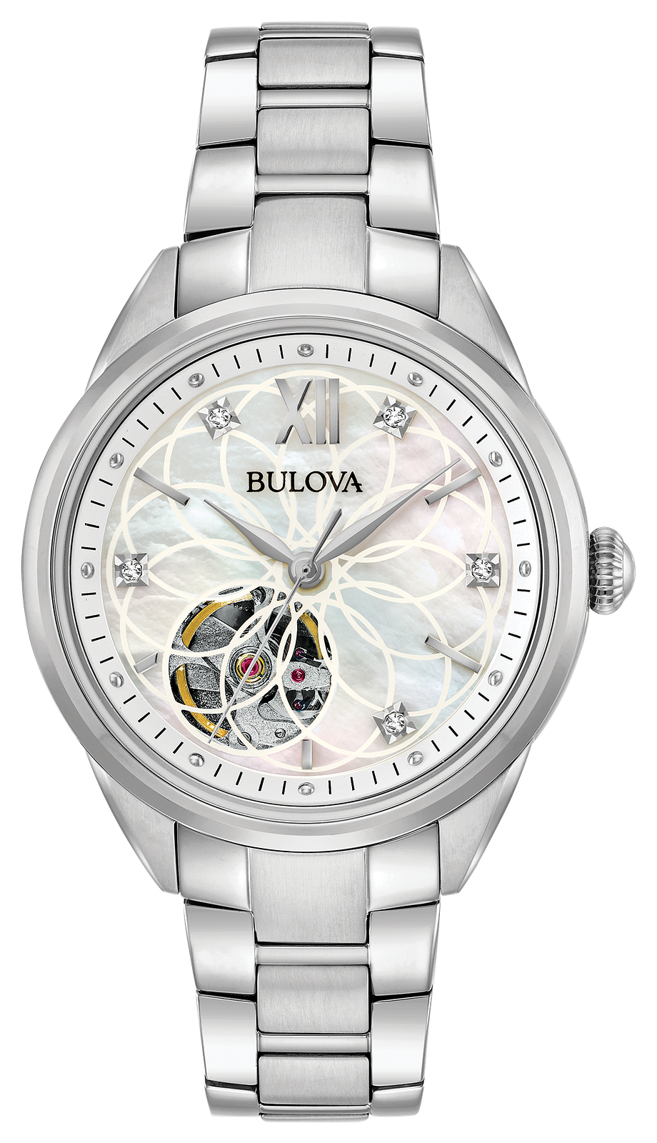 A Bulova women's watch featuring a silver stainless steel link bracelet, a round silver case, and a mother-of-pearl dial with a skeletonized lower half revealing the mechanical movement.