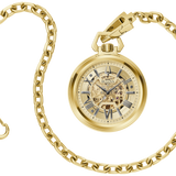 Gold pocket watch with a skeleton dial and matching gold chain, shown on a plain white background.