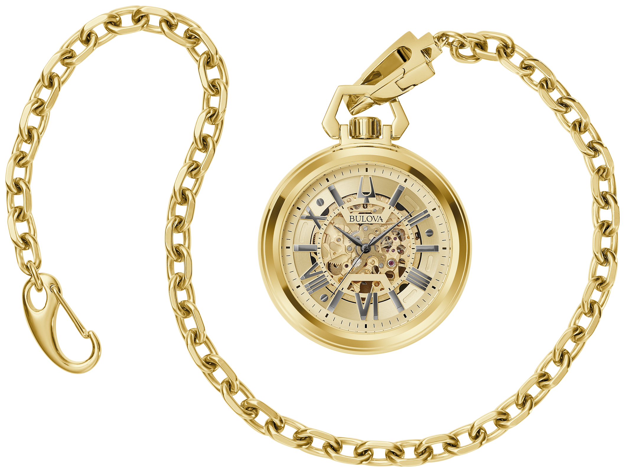 Gold pocket watch with a skeleton dial and matching gold chain, shown on a plain white background.