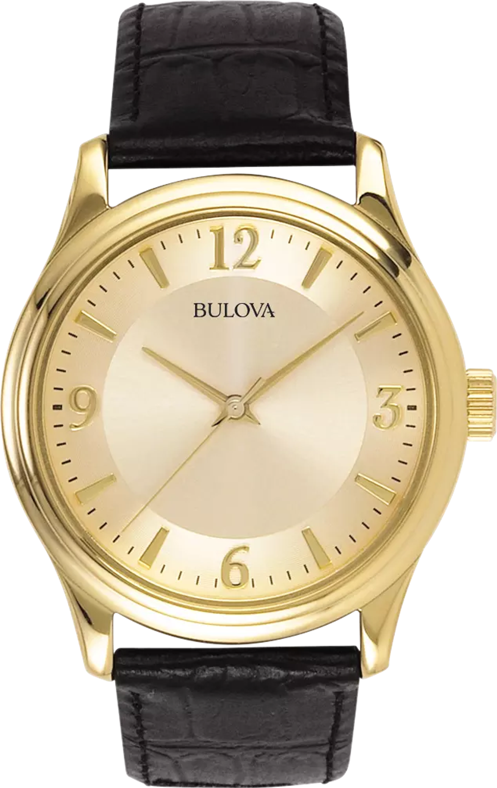 A Bulova wristwatch with a gold-tone case and dial, featuring a black textured leather strap, shown against a plain white background.