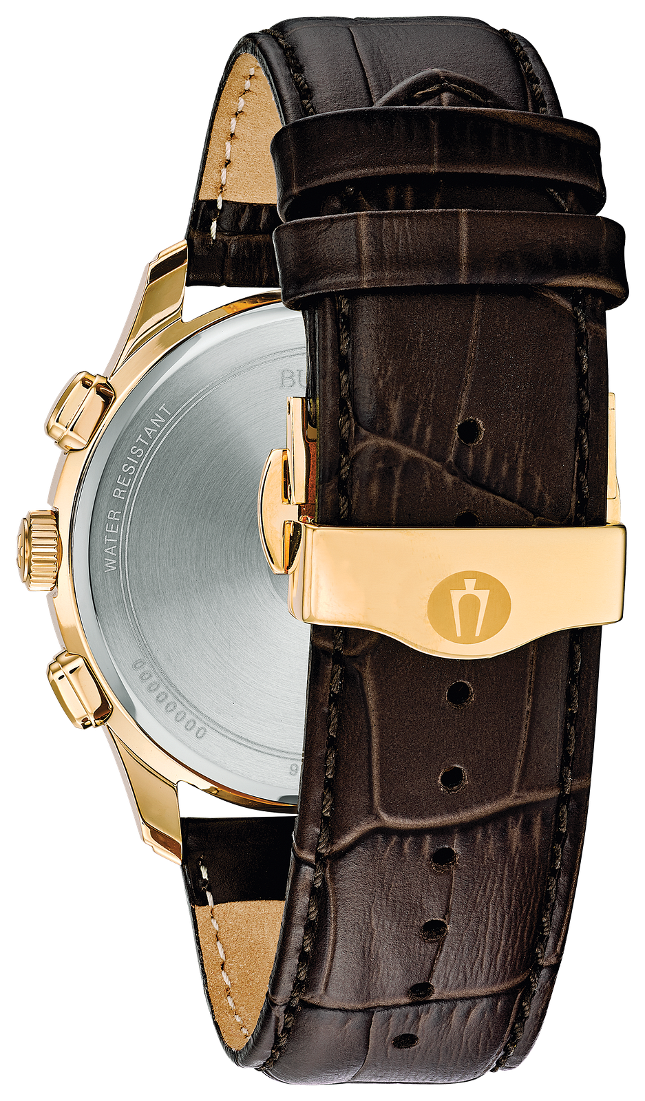 Close-up rear view of a wristwatch with a gold-tone case, silver-toned metal back, and dark brown leather strap with a gold clasp on a white background.