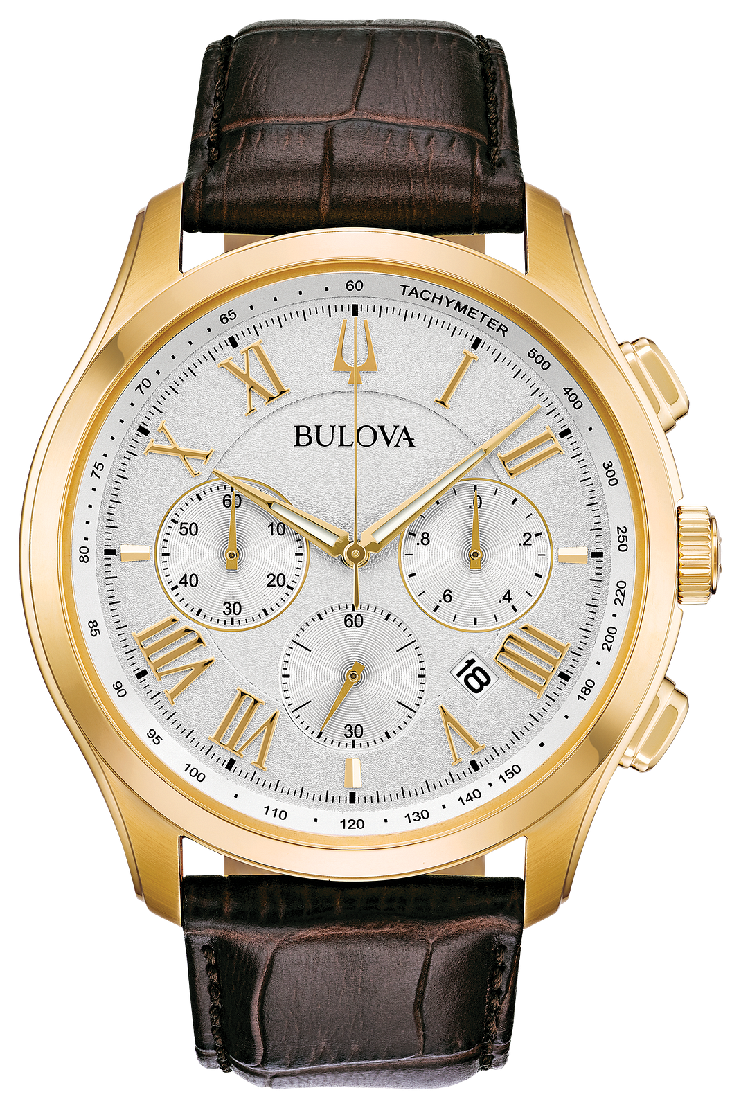A Bulova watch with a gold-tone case, a white dial with Roman numerals and three subdials, and a dark brown leather strap, shown on a plain white background.
